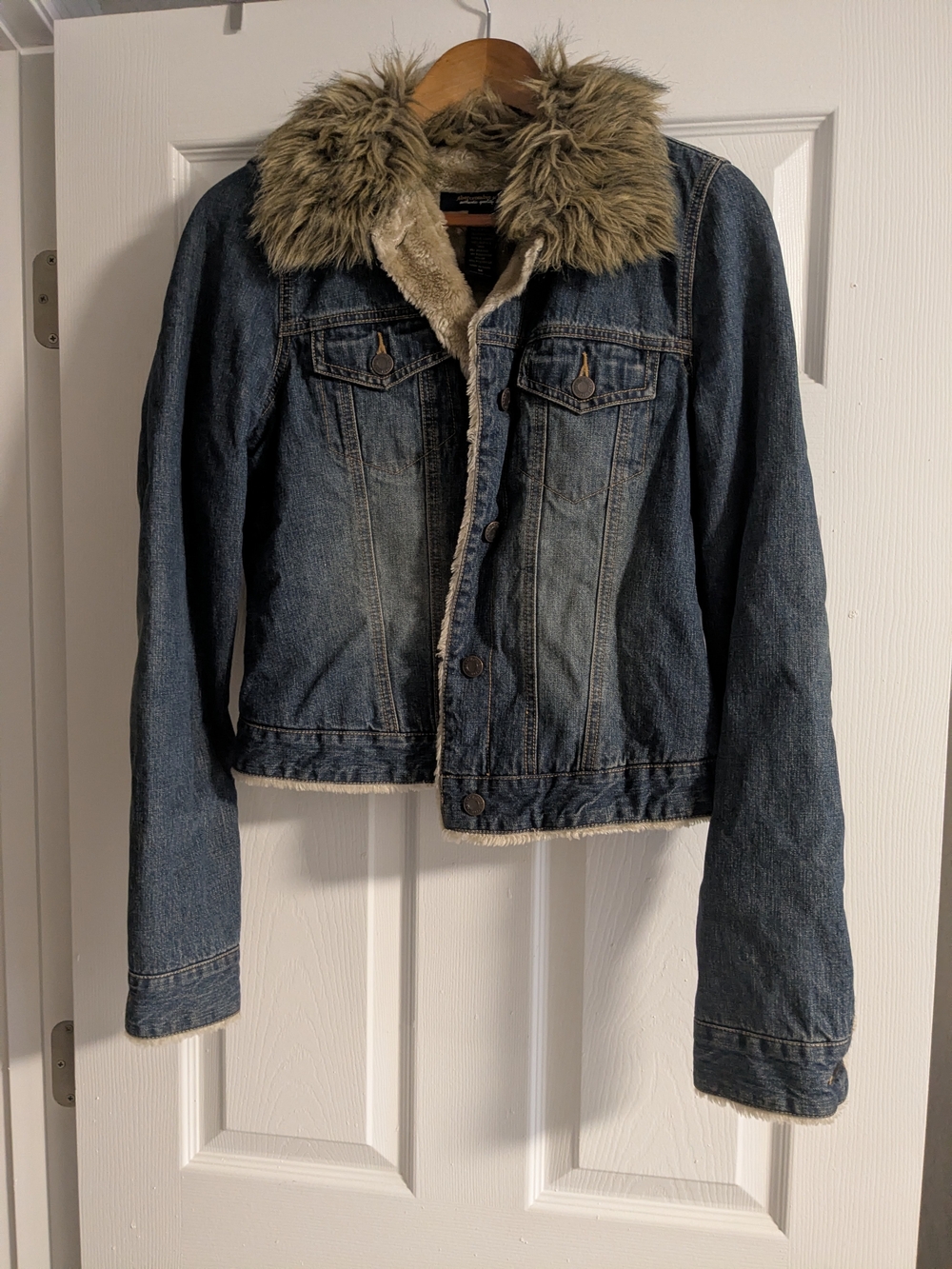 Abercrombie & Fitch Blue Denim Jacket with Faux Fur Collar
